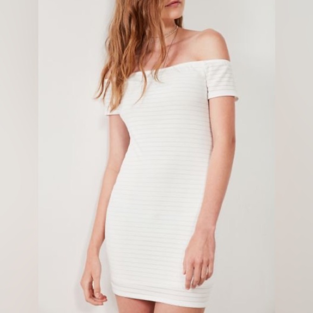 UO Silence + Noise Shadow Striped Off-The-Shoulder Bodycon Dress